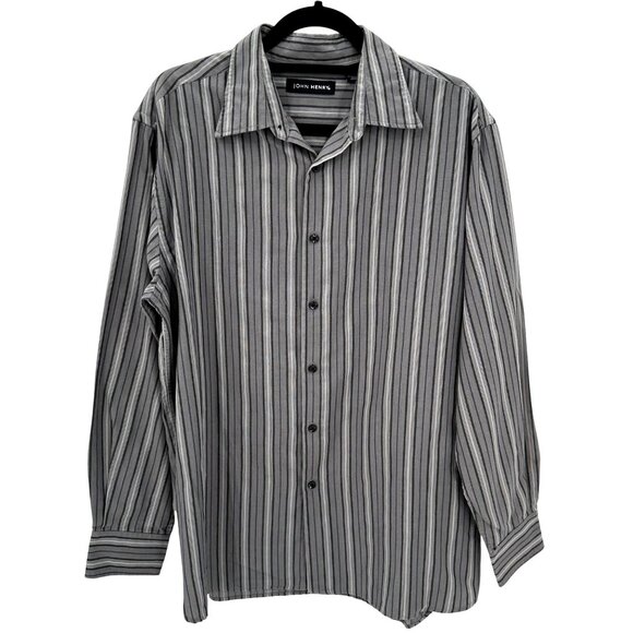 John Henry Mens Gray Striped Button-Up Long Sleeve Cotton/Poly Blend Shirt L - Picture 1 of 9